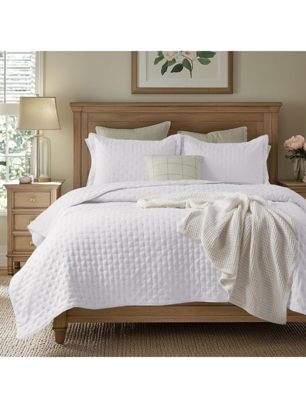 Lightweight Queen Quilt - Bright White Clover Pattern Bedspread, Soft All-Season